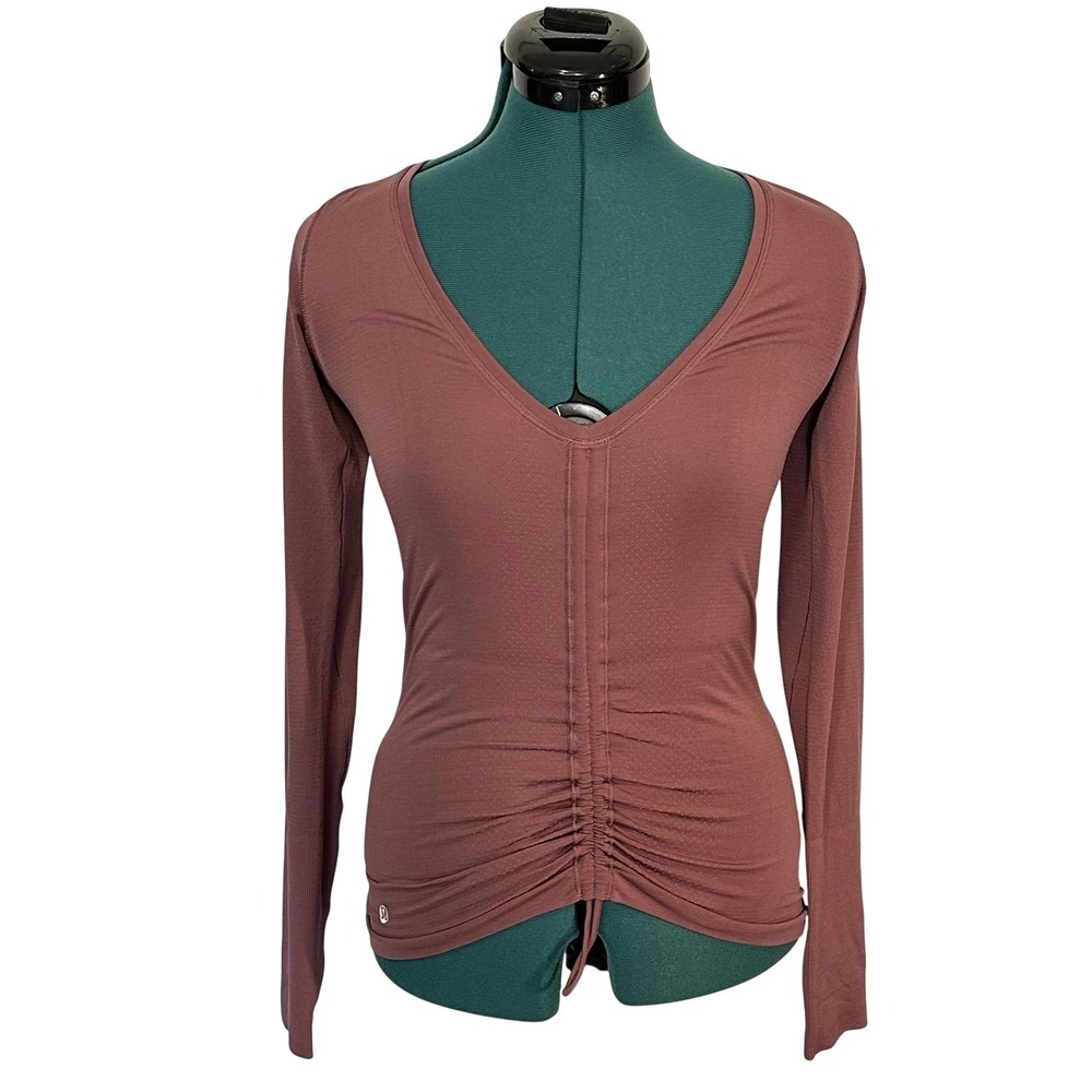 Lululemon Long Sleeve Cinched V-Neck Top Size 4 Mauve Athletic Yoga Shirt‎
